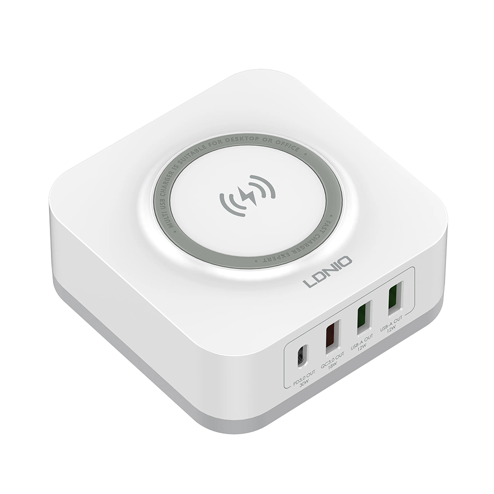 LDNIO, Charger 32W, Wireless Charger  i, 1 x Type-C F, 3 x USB F, PD, QC, PPS, White - 40294